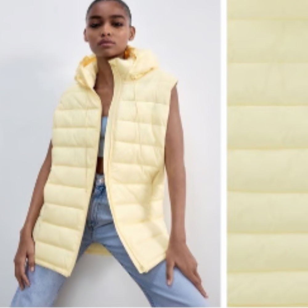 NWT Zara Yellow Water-Repellent long Puffer Vest with Hood in size XL